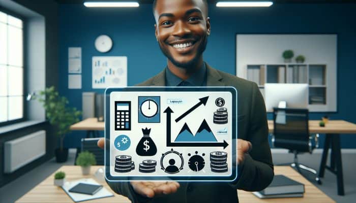 Person in the UK smiling, holding a chart of loan prepayment strategies with money, calendar, and decreasing graph icons.