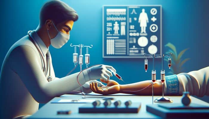 A healthcare professional drawing blood from a patient's arm in a serene medical setting in Royal Leamington Spa.