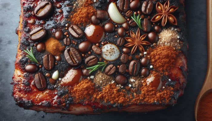 Grilled meat crust with coffee-based BBQ rub, featuring caramelized sweetness and savoury garlic and onion.