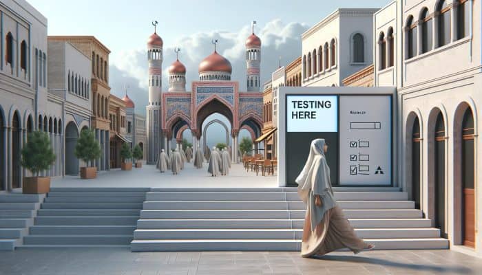 Person ascending steps to modern testing center in Newbury, sign reads "Testing Here," quaint town backdrop.