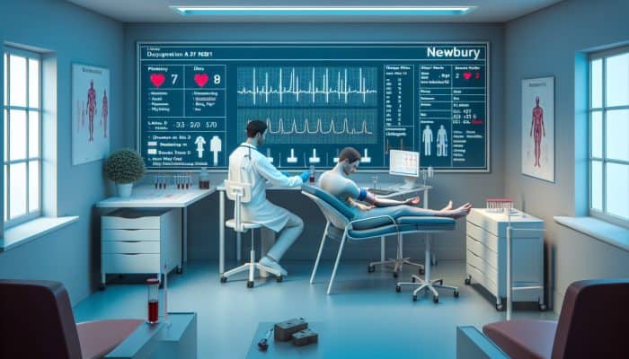 A calm patient receiving a quick, nearly painless liver blood test in a modern Newbury medical room.