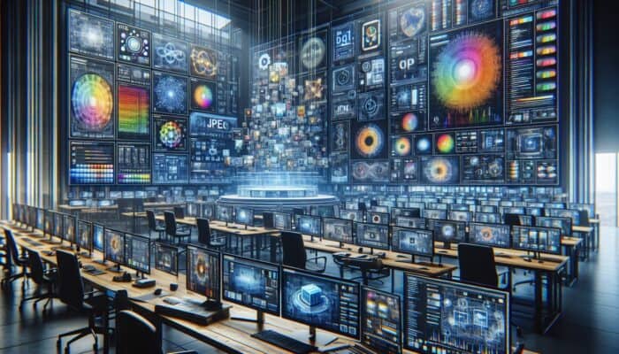 A digital artist's workspace analysing JPEG, PNG, and GIF formats on screens with quality and speed graphs.