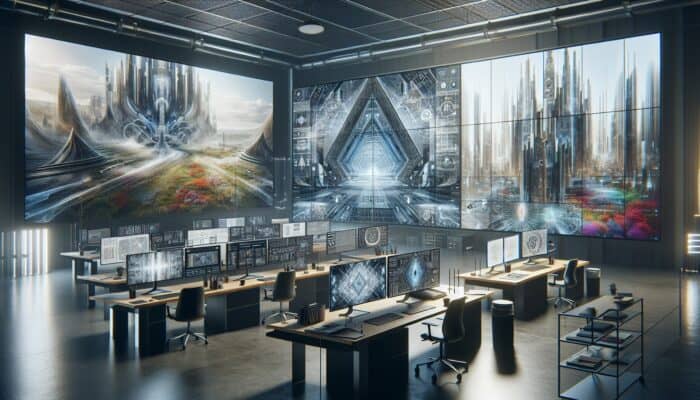 A contemporary workspace with screens displaying architectural and landscape images in WebP format, alongside browser compatibility charts and fallback options.