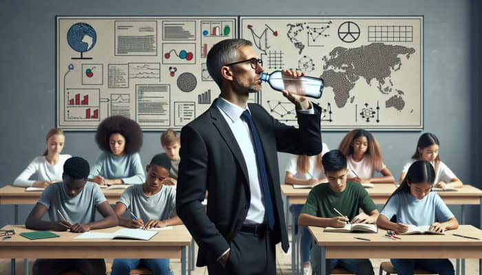 A male teacher drinking water in a classroom, with students learning in the background, highlighting hydration's role in cognitive function.