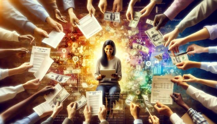 Person consolidating high-interest credit card bills into one loan, symbolizing financial relief.