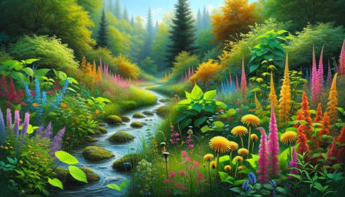 A serene garden with herbs like dandelion, nettle, and goldenrod, and a peaceful stream, symbolising kidney health remedies.