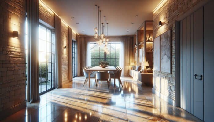 Polished travertine floor in a UK home, enhancing the space's aesthetic appeal and value.