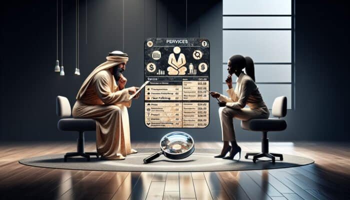 Person comparing travertine polishing quotes with a magnifying glass in a modern office.