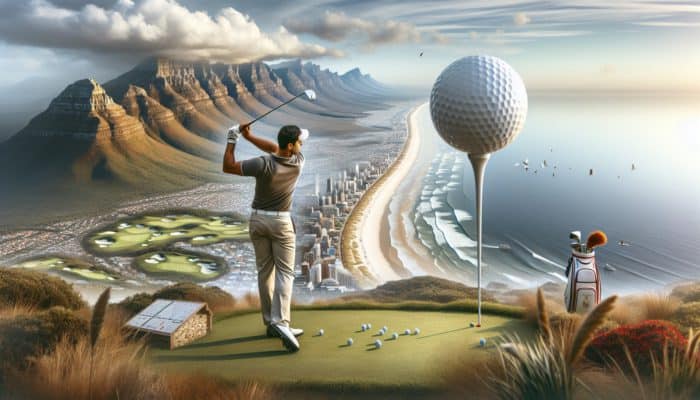 Golfer at Fancourt, George, teeing off with ball soaring over South Africa's varied terrains.