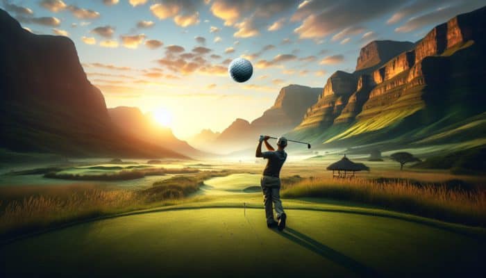 Golfer teeing off at sunrise in Drakensberg Mountains, ball soaring further due to high altitude.