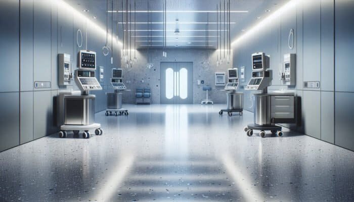 Polished terrazzo floor in a modern hospital, ensuring high hygiene with its smooth, non-porous surface.