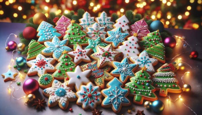 Colourful sugar cookies in festive shapes such as stars, trees, and snowflakes, adorned with vibrant royal icing on a holiday table.