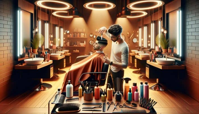 A hairstylist trimming and styling short hair in a modern salon with essential hair care products.