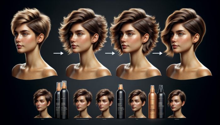 Woman with short hair styled three ways: voluminous, sleek, and tousled using different products.
