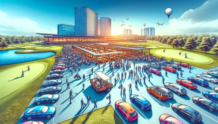 A bustling scene at Kokstad Golf Club with guests enjoying catered events and ample parking.