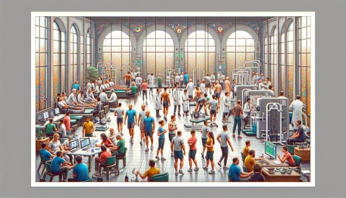 A vibrant community center with men engaging in fitness, health screenings, and educational workshops.