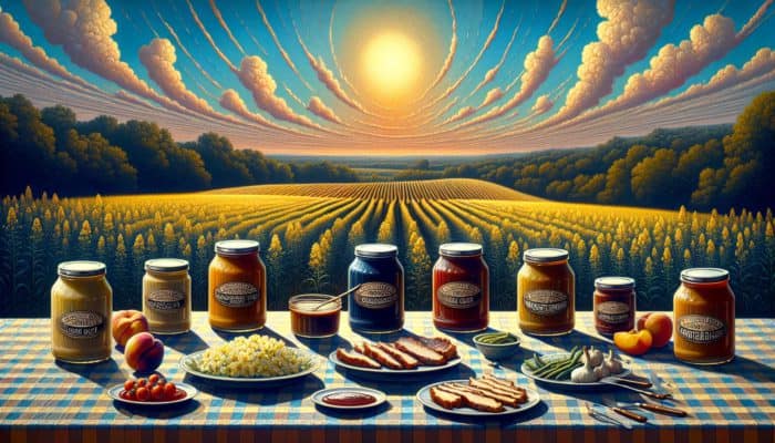 A table displaying regional Carolina Gold BBQ sauces with jars of Peach Preserve and Worcestershire, set against Southern landscapes and mustard fields.