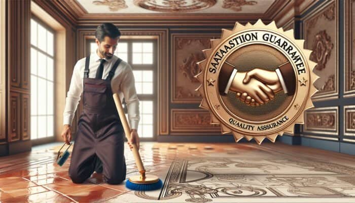 Professional polishing terracotta floor, satisfaction guarantee certificate displayed, symbolising trust and quality in elegant room.
