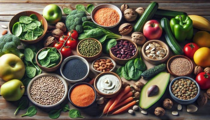 A still life of foods for hair recovery post-pregnancy, including spinach, lentils, nuts, seeds, fruits, vegetables, and lean proteins on a rustic table.