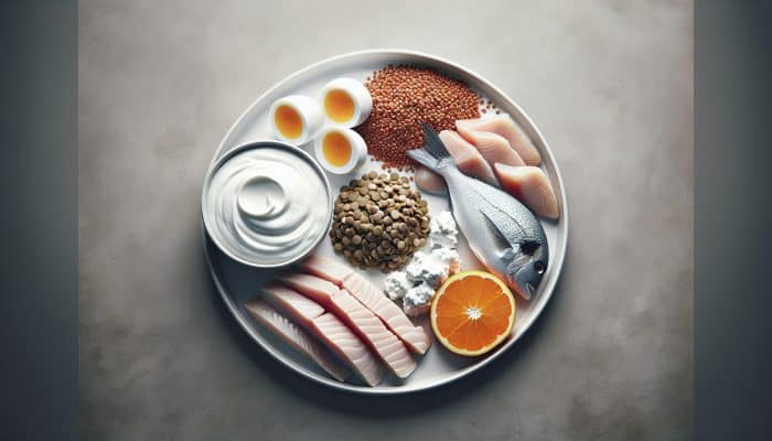 Nutrition for Aging Men: A balanced plate with chicken, fish, yogurt, lentils, quinoa for aging men's health.