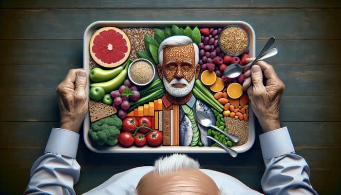 Plate with five portions of fruits, vegetables, whole grains, lean proteins, and healthy fats for aging men per UK guidelines.