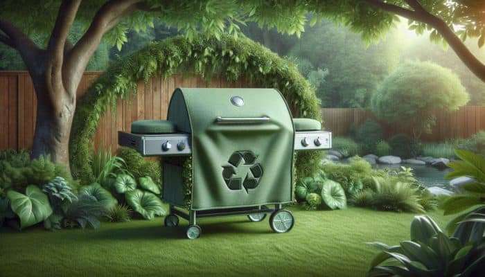 Eco-friendly BBQ grill cover from recycled polyester and bamboo, durable, minimal environmental impact, in a lush backyard.