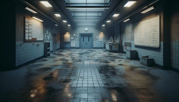 A dull terrazzo floor in a dimly lit room, showing signs of wear and dirt in a humid UK setting.