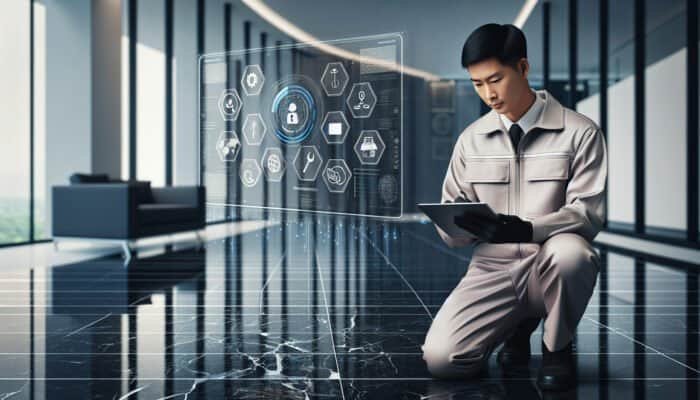 A technician checks certifications on a tablet beside polished marble flooring, with insurance documents and industry logos in the background.