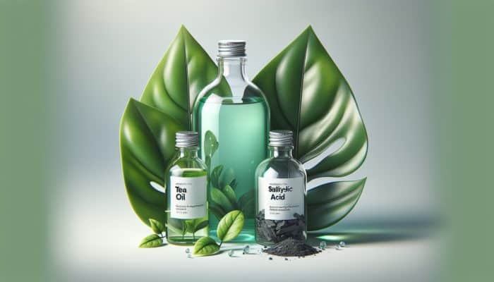Shampoo bottle featuring tea tree oil, salicylic acid, and charcoal on a green leaf, specifically designed for oily hair.