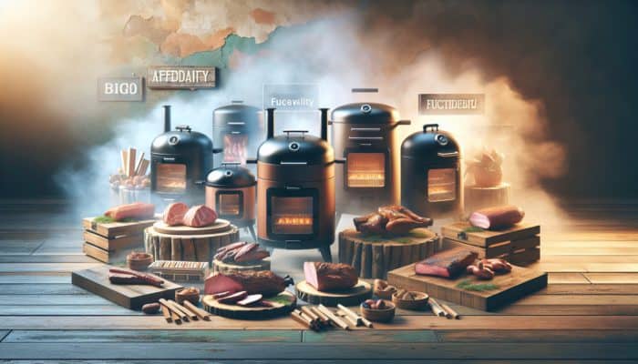 A variety of budget-friendly smokers on a rustic table with meats and smoking woods, warmly lit.