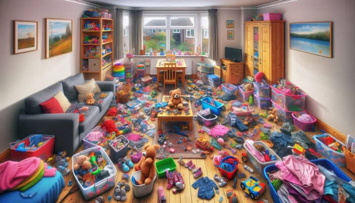 A UK family home’s living room undergoing a decluttering session, focusing on sorting children’s belongings for safety and order.