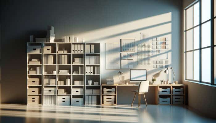 A minimalist workspace featuring organised shelves, labelled boxes, and colour-coded folders illuminated by natural light.