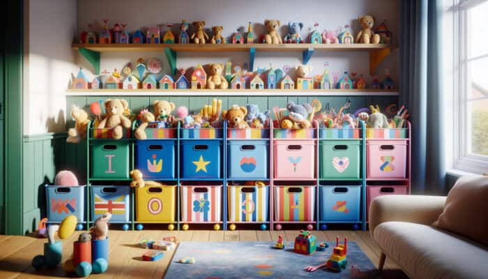 Vibrant labels featuring images and words on toy bins, guiding children to organise stuffed animals in a UK home.