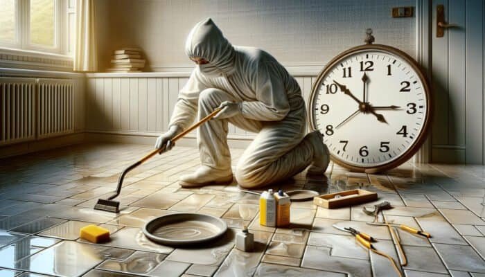 A professional cleaning and sealing grout on a tiled floor in a humid Glasgow home, with a clock showing time passing.