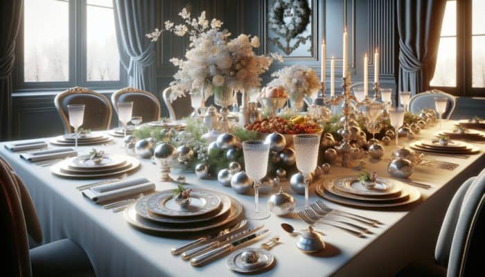 Elegant holiday table set with exquisite china and chic cutlery, enhancing a gourmet meal's visual appeal.