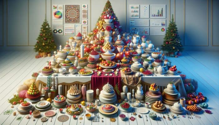 A festive table with creatively arranged dishes in various heights, colors, and shapes.