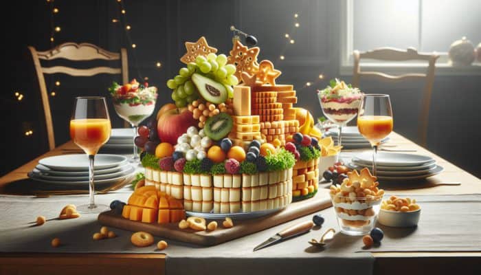 Festive table with creatively shaped cheese and fruit, stacked salad, and layered dip in clear glass.