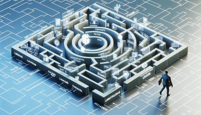 How to Avoid Scams as a Debt Consolidation Beginner: Essential Tips | DCL A person navigating a maze of financial paths, with clear safe routes highlighted, symbolizing debt consolidation loans.