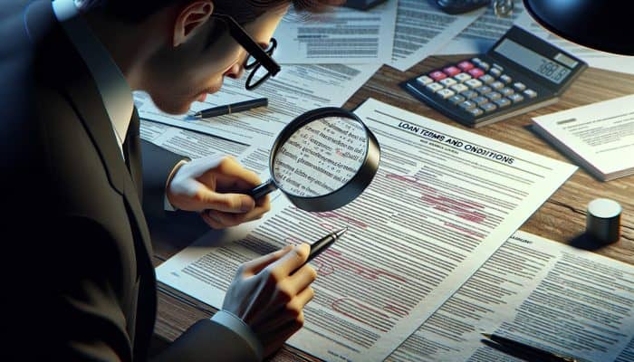 How to Avoid Scams as a Debt Consolidation Beginner: Essential Tips | DCL Person using magnifying glass to read Loan Terms and Conditions document, with calculator and pen on desk.