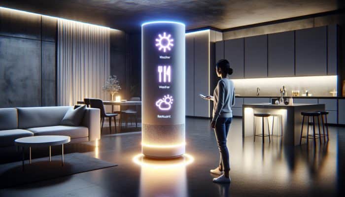 Optimize for Conversational Voice Queries: A person using voice commands to ask a smart speaker about weather and restaurant suggestions in a futuristic smart home.