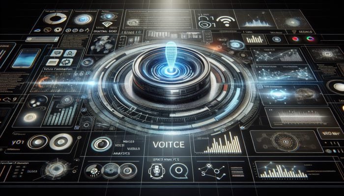 Futuristic digital interface showcasing voice search optimization elements like SEO analytics and voice command icons.