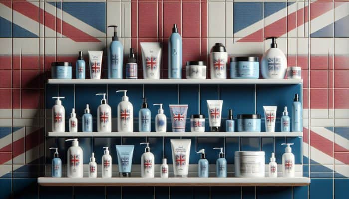 Essential hair care products for various hair types on a shelf, with a UK flag in the background.