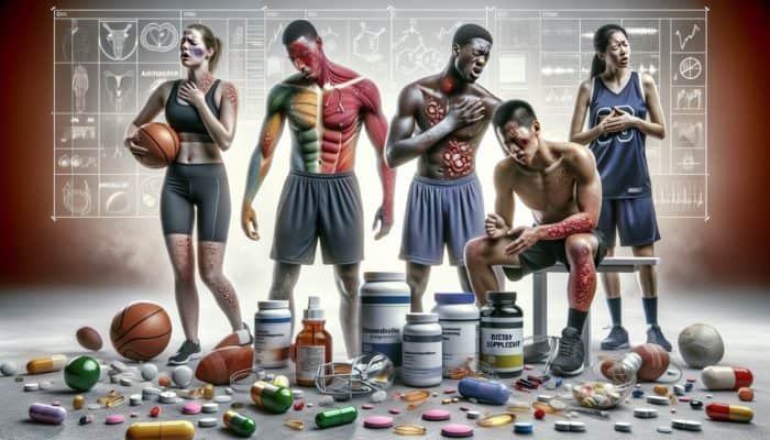 Athlete experiencing allergic reactions surrounded by dietary supplements, showcasing the varying severity of these reactions and their potential impact on athletic performance and health.