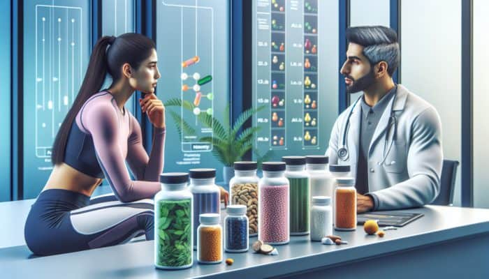 Athlete discussing supplement options with healthcare provider, reviewing allergy test results in a clinical setting.