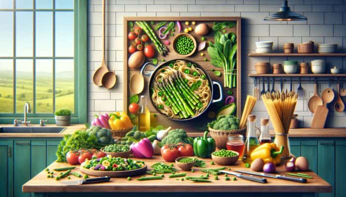 Freshly washed and chopped asparagus, spinach, and peas on a kitchen counter, ready for spring pasta.