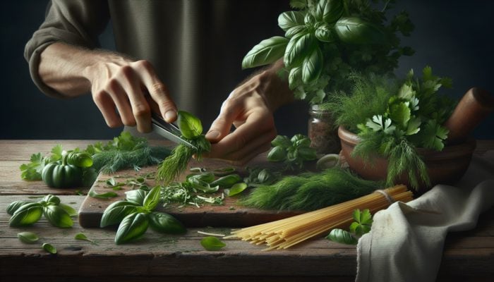 Fresh herbs like basil, dill, and parsley being prepared on a rustic kitchen table for a spring pasta dish.