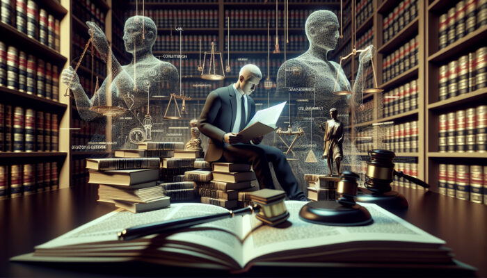 Person in library reading "Legal Considerations for Clearance" document, surrounded by law books, gavel, and scales of justice.