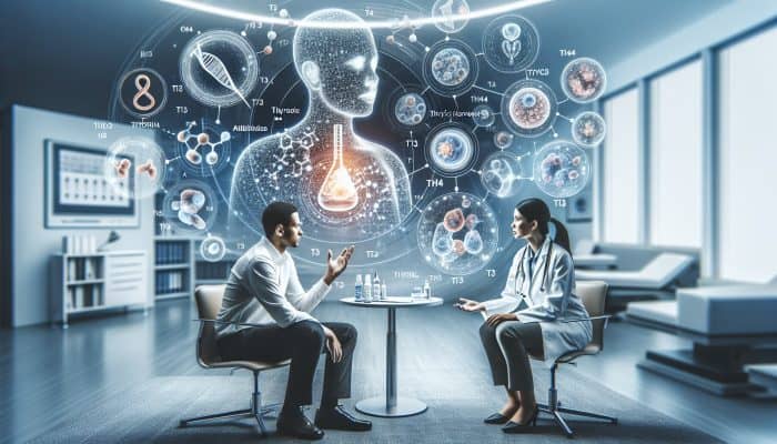 Illustration of thyroid hormone analysis with T3, T4, and antibodies, patient discussing results with healthcare provider.
