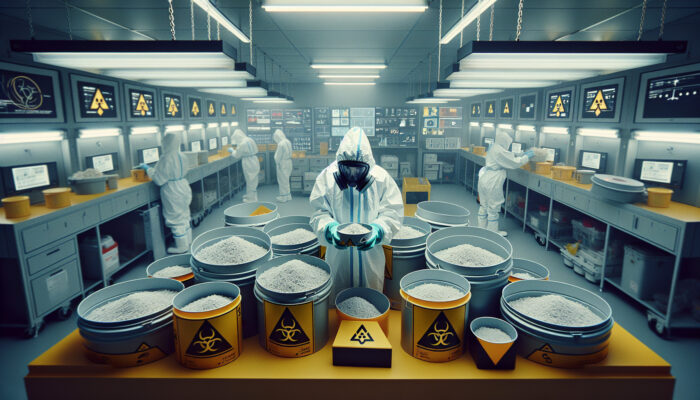 Person in protective gear handling asbestos, surrounded by labeled hazardous waste containers in a controlled environment.