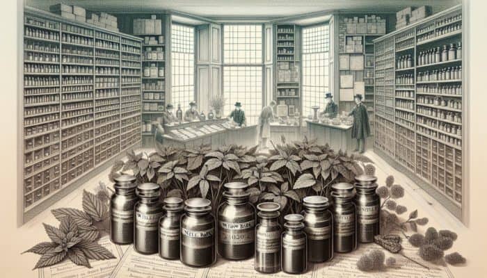 Blending Herbs for Specific Outcomes: An ancient British apothecary with jars of nettle and willow bark, historical texts, and herbal remedies.
